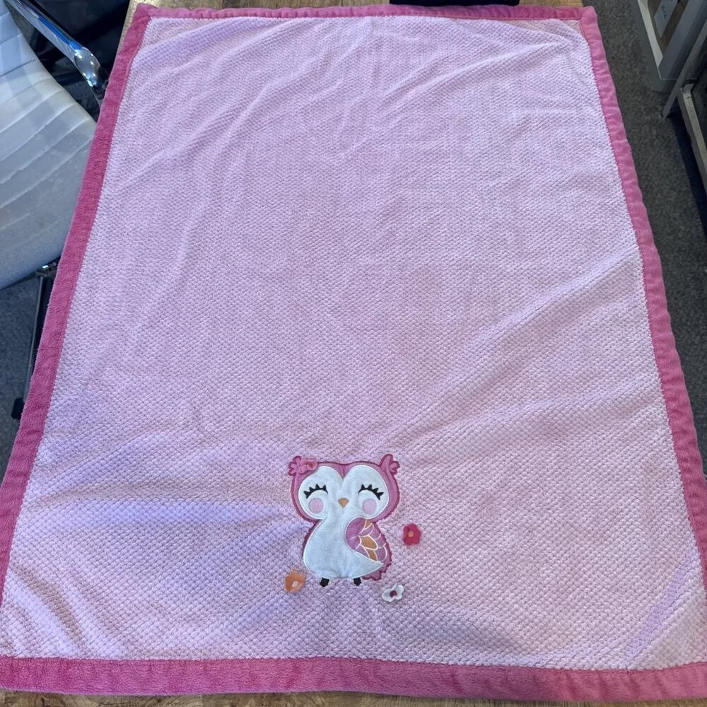 Carter’s Pink Textured  Plush Owl Baby Blanket 3D Flowers Well Loved